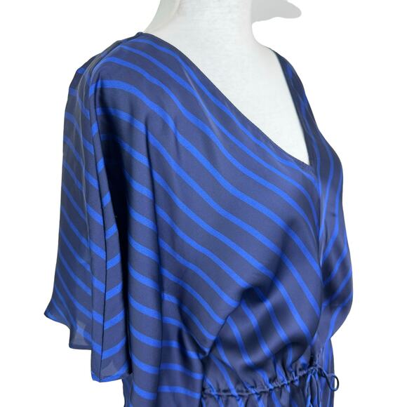 Lauren Ralph Lauren S/M Blue Stripe Kimono Sleeve Drawstring Satin Tunic Blouse - Picture 4 of 9